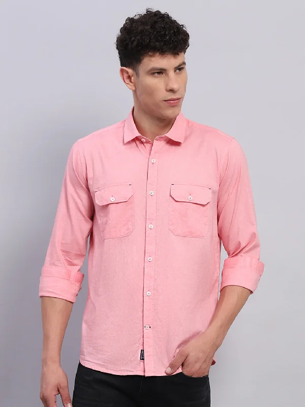 Urban Edge Streetwear Clothing Men Pink Solid Collar Full Sleeve Shirt