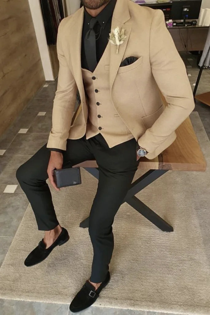 Sleek Heritage Winter Jackets Men Three Piece Suit Beige With Black Formal Wedding Suits Fashion Party Wear Bespoke Tailoring Sleek Heritage Winter Jackets Men Three Piece Suit Beige With Black Formal Wedding Suits Fashion Party Wear Bespoke Tailoring