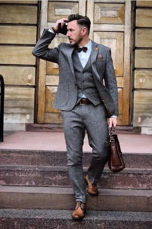 Relaxed Modern Versatile Wear Tweed grey three-piece wedding suit for men