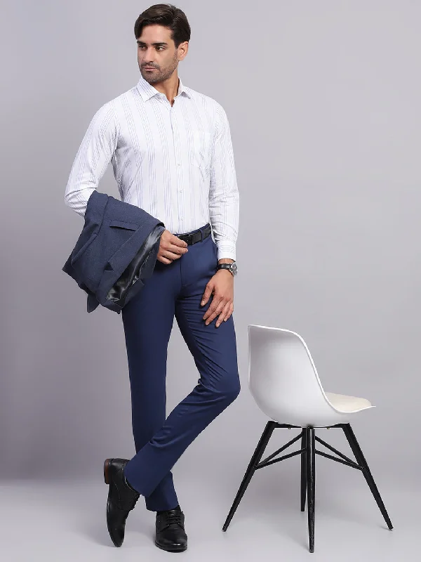 Heritage Edge Fashion Bottoms Men White & Blue Stripe Collar Full Sleeve Shirt