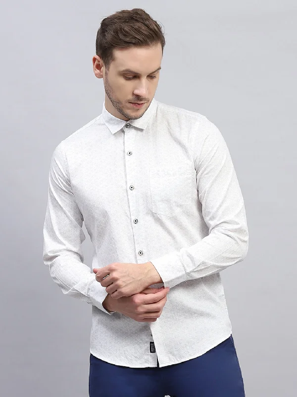 Modern Relaxed Fall Fashion Men White Printed Collar Full Sleeve Shirt