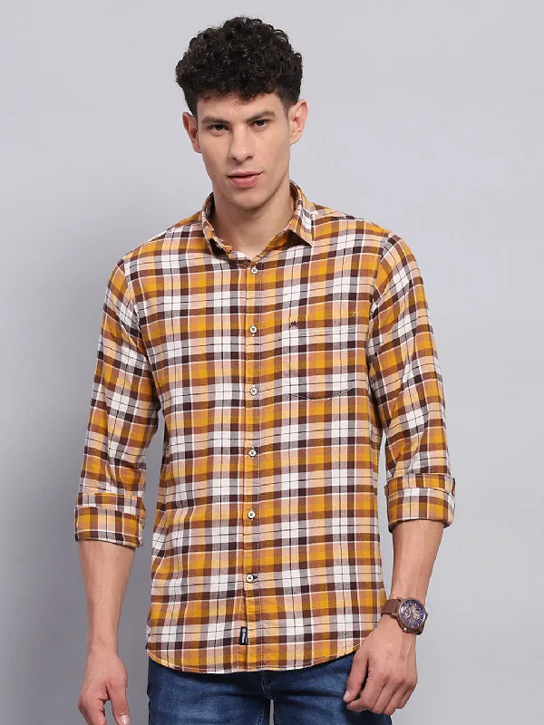 Casual Rugged Relaxed Jackets Men Yellow Check Collar Full Sleeve Shirt