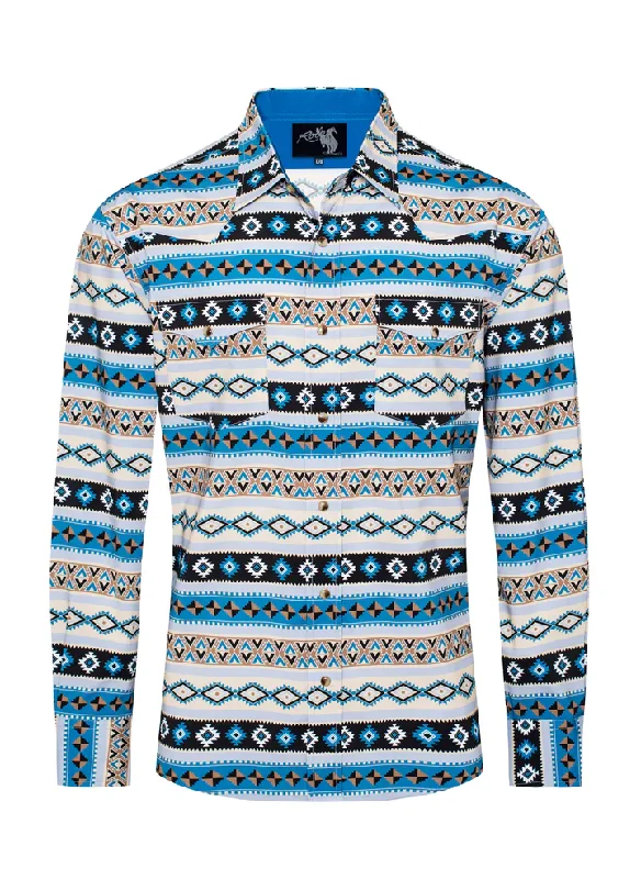 Timeless Cool Soft Fabrics Men's Turquoise Aztec Print Pearl Snap Western Shirt