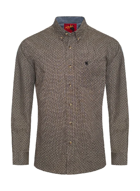 Relaxed Street Everyday Look Men's Taupe Diamond Pattern  Poplin Shirt