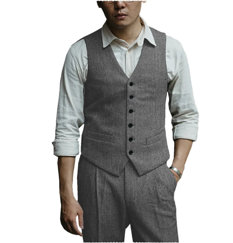Chic Classic Fashion Bottoms Mens Herringbone v Neck 2 Pieces （Waistcoat+Pants）