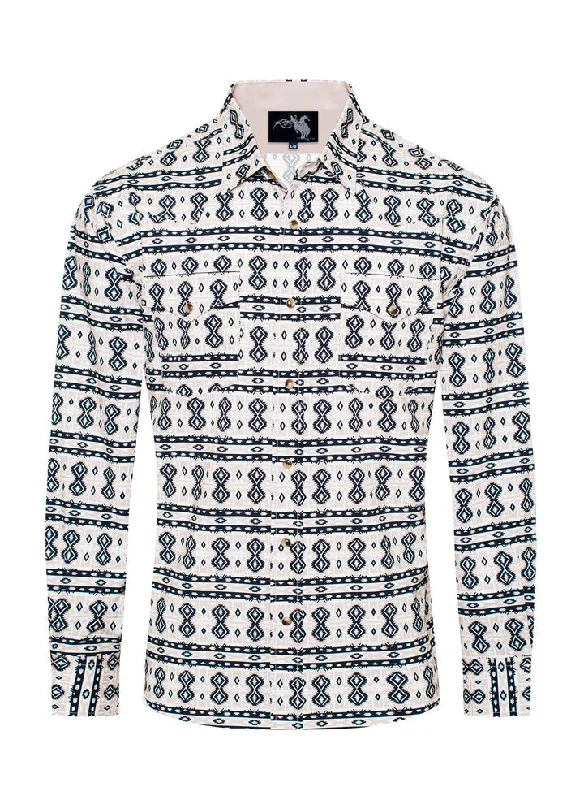 Heritage Rebel Stylish Suits Men's Khaki/Cream/Black Aztec Print Pearl Snap Western Shirt Heritage Rebel Stylish Suits Men's Khaki/Cream/Black Aztec Print Pearl Snap Western Shirt