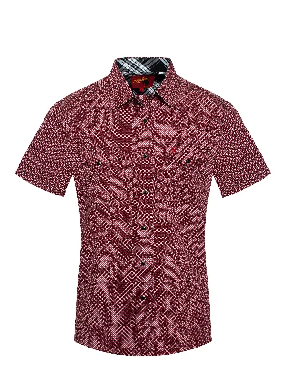 Contemporary Rugged Smart Tops Men's Red Print Short Sleeve Western Shirt