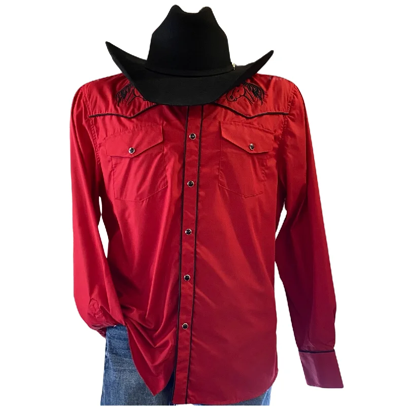 Smart Minimal Fall Fashion Men's Red Horse Embroidery Western Shirt