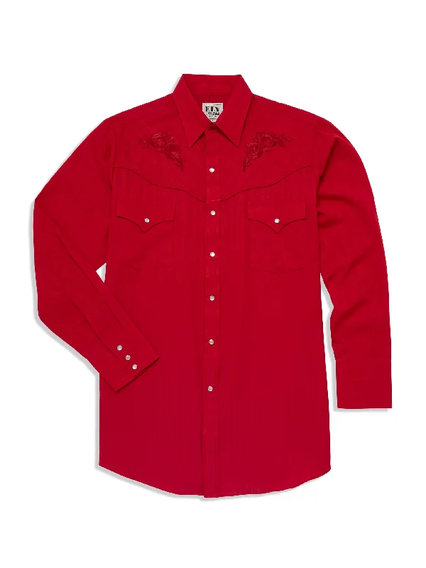 Classic Monochrome Daily Looks Men's Red Western Shirt w/ Embroidery