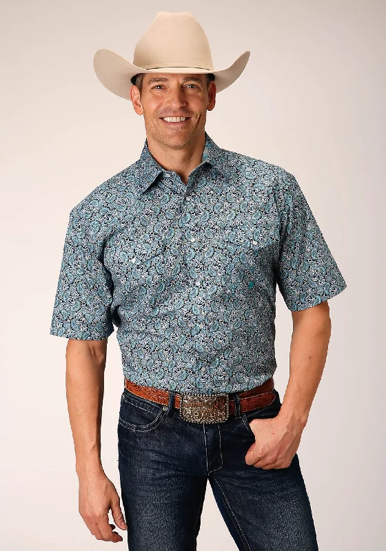 Sophisticated Luxe Lightweight Tops Men's Short Sleeve Snap Peacock Paisley Western Shirt Sophisticated Luxe Lightweight Tops Men's Short Sleeve Snap Peacock Paisley Western Shirt