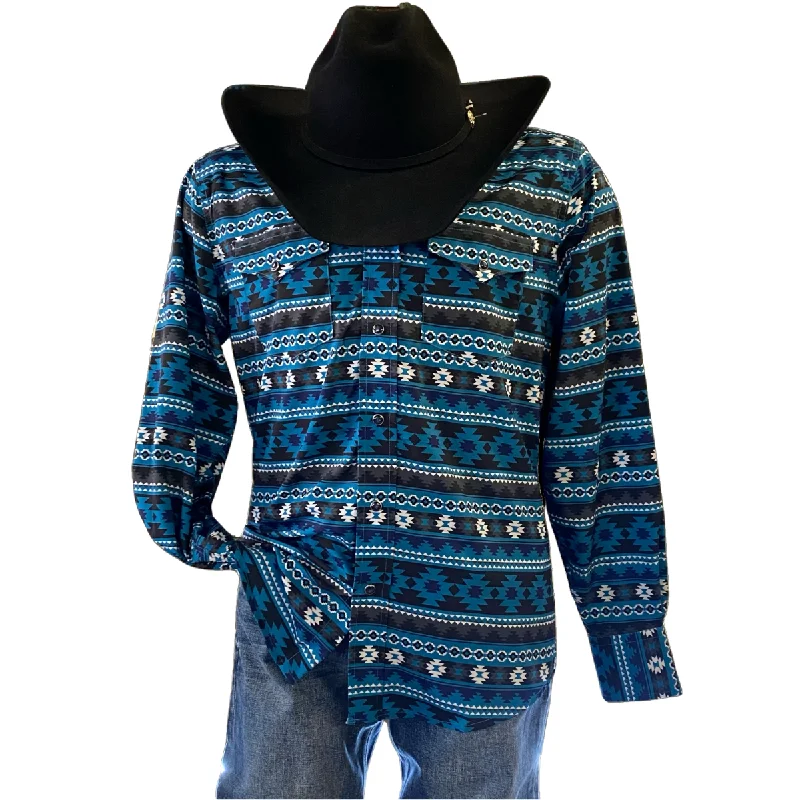 Chic Polished Cool Jackets Men's Western Pearl Snap Turquoise Aztec Print Shirt
