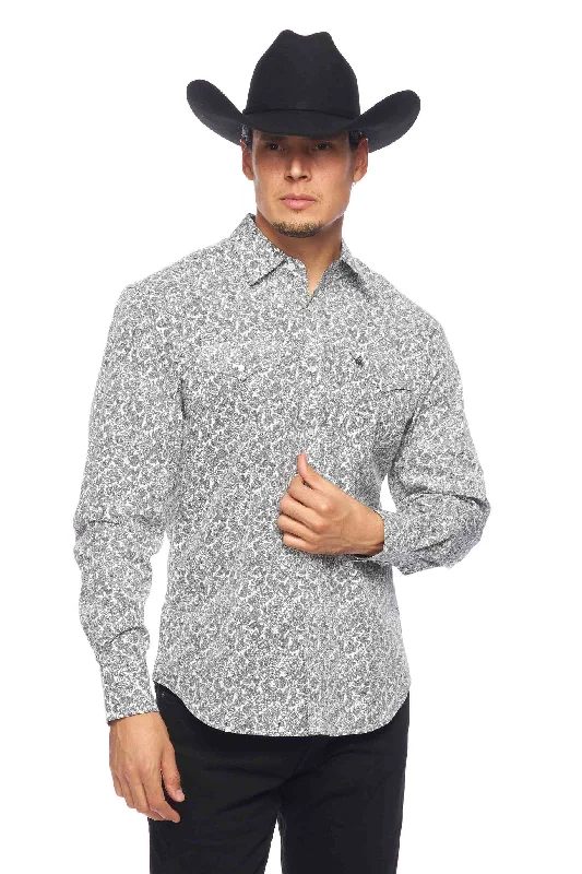 Timeless Urban Sporty Wear Men's White w/ Black Paisley Western Shirt