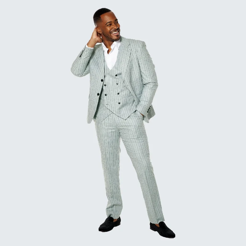 Effortless Rugged Bold Outfits Mint Grey Suit with Pinstripes Three Piece Set - Wedding - Prom Effortless Rugged Bold Outfits Mint Grey Suit with Pinstripes Three Piece Set - Wedding - Prom