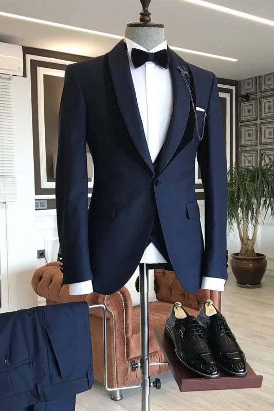 Sophisticated Rugged Streetwear Clothing Navy Blue Shawl Lapel Three Pieces One Button Men Suits For Wedding Slim Fit Blazer Set Sophisticated Rugged Streetwear Clothing Navy Blue Shawl Lapel Three Pieces One Button Men Suits For Wedding Slim Fit Blazer Set