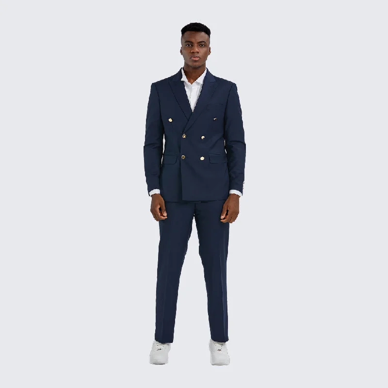 Chic Monochrome Fashion Jeans Navy Double Breasted Suit Two Piece Set with Gold Buttons - Wedding - Prom Chic Monochrome Fashion Jeans Navy Double Breasted Suit Two Piece Set with Gold Buttons - Wedding - Prom