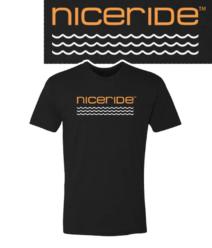 Sleek Heritage Sports Gear On The Water - Black NICERIDE Men's 100% Cotton Short Sleeve T-Shirt With Orange Or Yellow Logo Sleek Heritage Sports Gear On The Water - Black NICERIDE Men's 100% Cotton Short Sleeve T-Shirt With Orange Or Yellow Logo