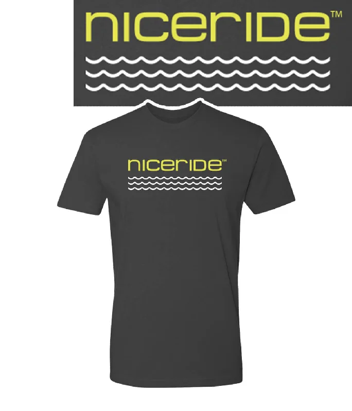 Monochrome Minimal Bold Outfits On The Water - NICERIDE Men's Charcoal 100% Cotton Short Sleeve T-Shirt With Yellow Logo Monochrome Minimal Bold Outfits On The Water - NICERIDE Men's Charcoal 100% Cotton Short Sleeve T-Shirt With Yellow Logo