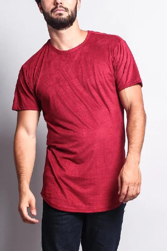 Urban Edge Layered Outfits Perforated Faux Suede Long Length Curved Hem T-Shirt