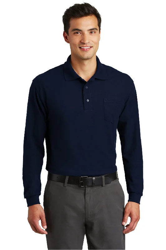Contemporary Edge Functional Wear Port Authority Mens Silk Touch Wrinkle Resistant Long Sleeve Polo Shirt w/ Pocket - Navy Blue Contemporary Edge Functional Wear Port Authority Mens Silk Touch Wrinkle Resistant Long Sleeve Polo Shirt w/ Pocket - Navy Blue