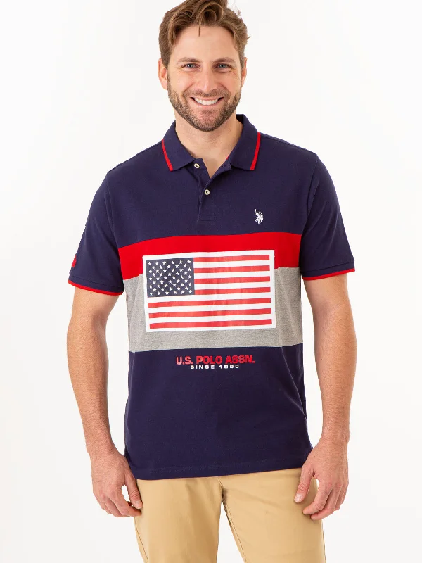 Smart Edge Trendy Shoes PRINTED FLAG COLORBLOCK PIQUE POLO SHIRT