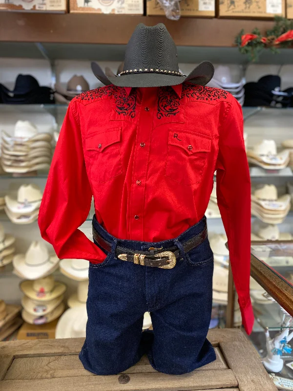 Sleek Rugged Everyday Look Red w/ Black Embroidered Yoke Men's Western Shirt