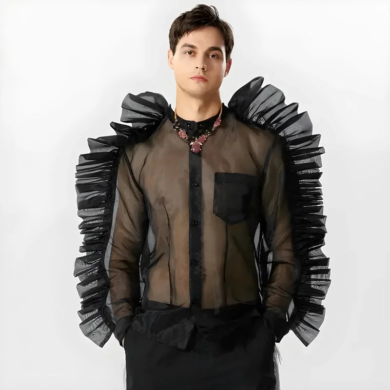 Chic Rebel Casual Attire Ruffled Sleeve Sheer Shirt