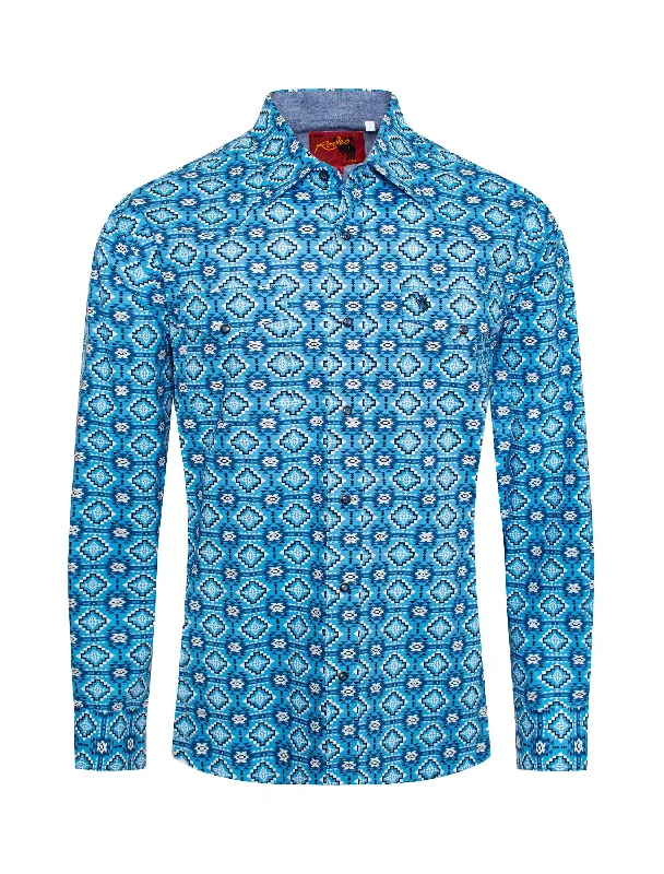 Rugged Classic Weekend Styles SHADES OF BLUE TRIBAL PRINT WESTERN SHIRT