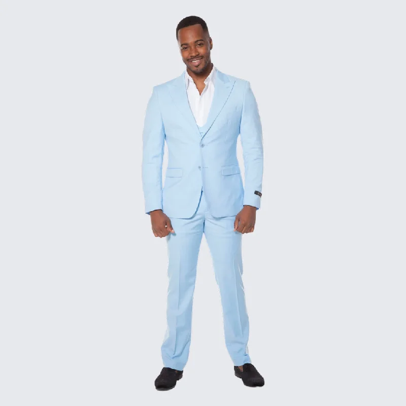 Contemporary Luxe Stylish Jeans Men's Sky Blue Suit Three Piece Set - Wedding - Prom Contemporary Luxe Stylish Jeans Men's Sky Blue Suit Three Piece Set - Wedding - Prom