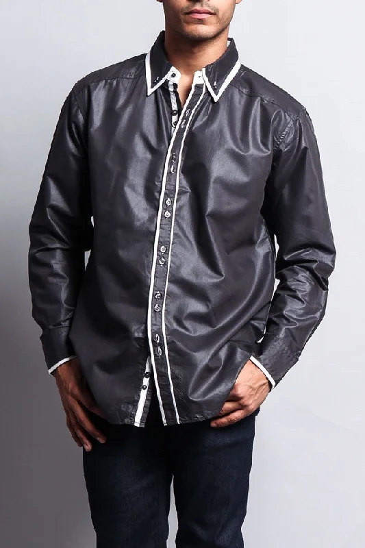 Understated Sleek Athletic Gear Solid Contrast Double Button Up Shirt