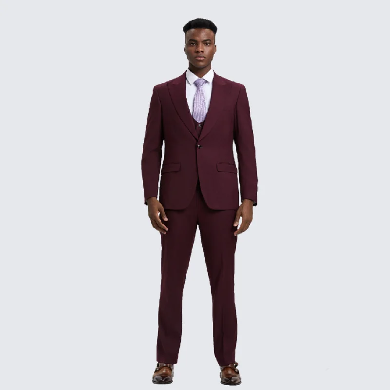 Retro Monochrome Premium Wardrobe Burgundy Slim Fit Three Piece Suit with Large Peak Lapel by Stacy Adams - Wedding - Prom Retro Monochrome Premium Wardrobe Burgundy Slim Fit Three Piece Suit with Large Peak Lapel by Stacy Adams - Wedding - Prom