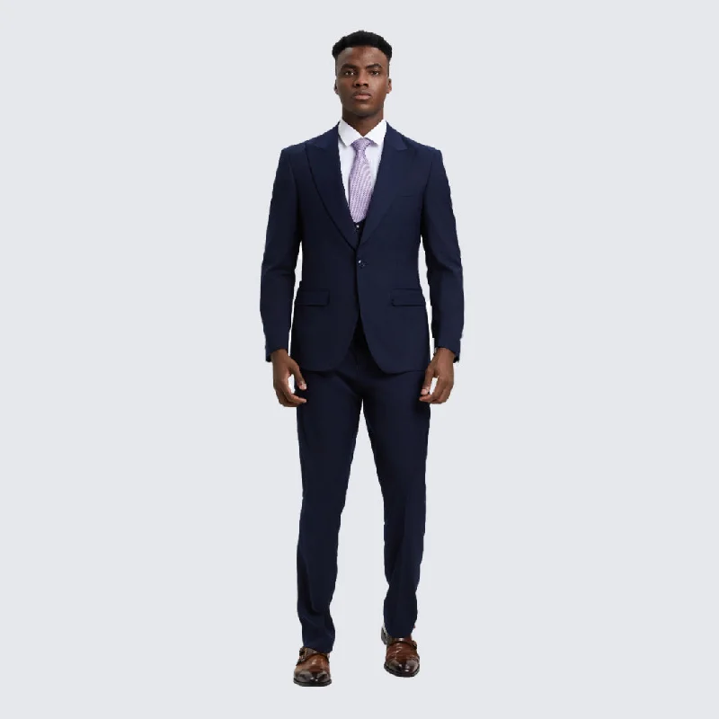 Casual Rebel Sporty Jackets Navy Blue Slim Fit Three Piece Suit with Large Peak Lapel by Stacy Adams - Wedding - Prom Casual Rebel Sporty Jackets Navy Blue Slim Fit Three Piece Suit with Large Peak Lapel by Stacy Adams - Wedding - Prom