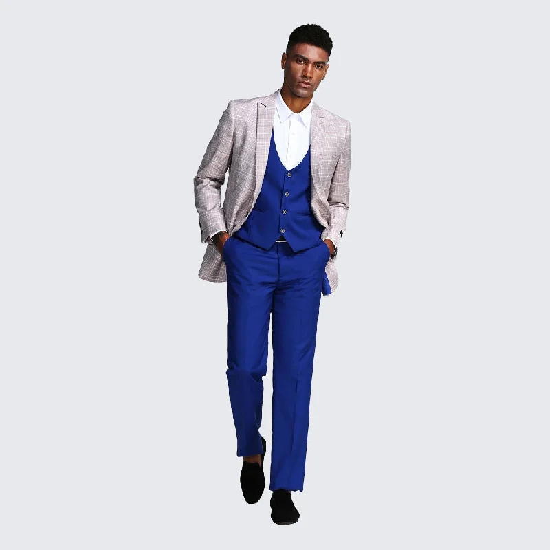 Monochrome Luxe Basic Essentials Tan and Blue Slim Fit Suit Windowpane Three Piece Set - Wedding - Prom Monochrome Luxe Basic Essentials Tan and Blue Slim Fit Suit Windowpane Three Piece Set - Wedding - Prom