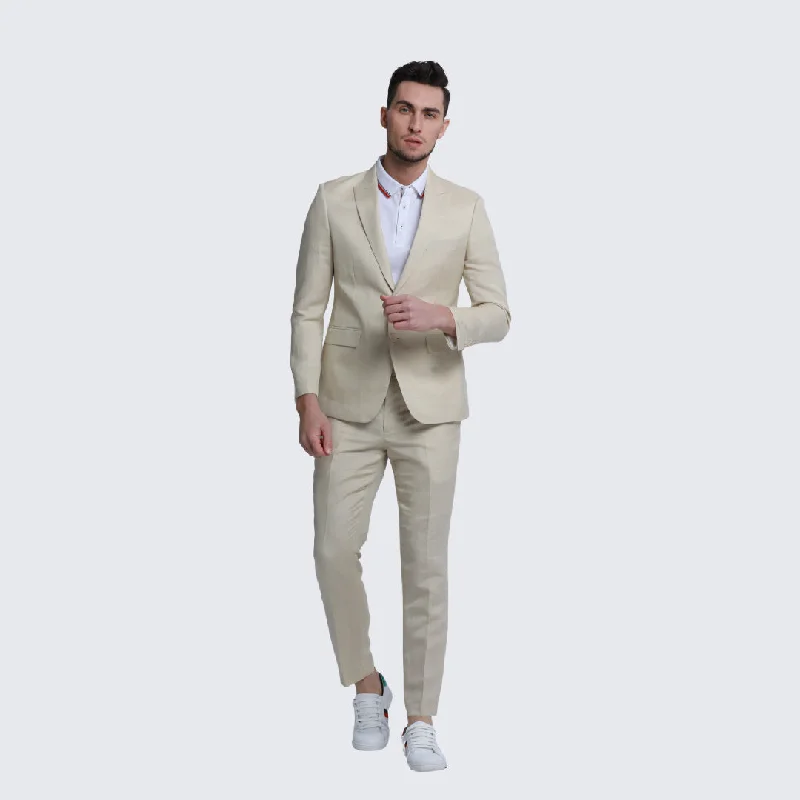 Urban Minimal Cool Pieces Tan Linen Suit Slim Fit Two Piece Set- Wedding - Prom