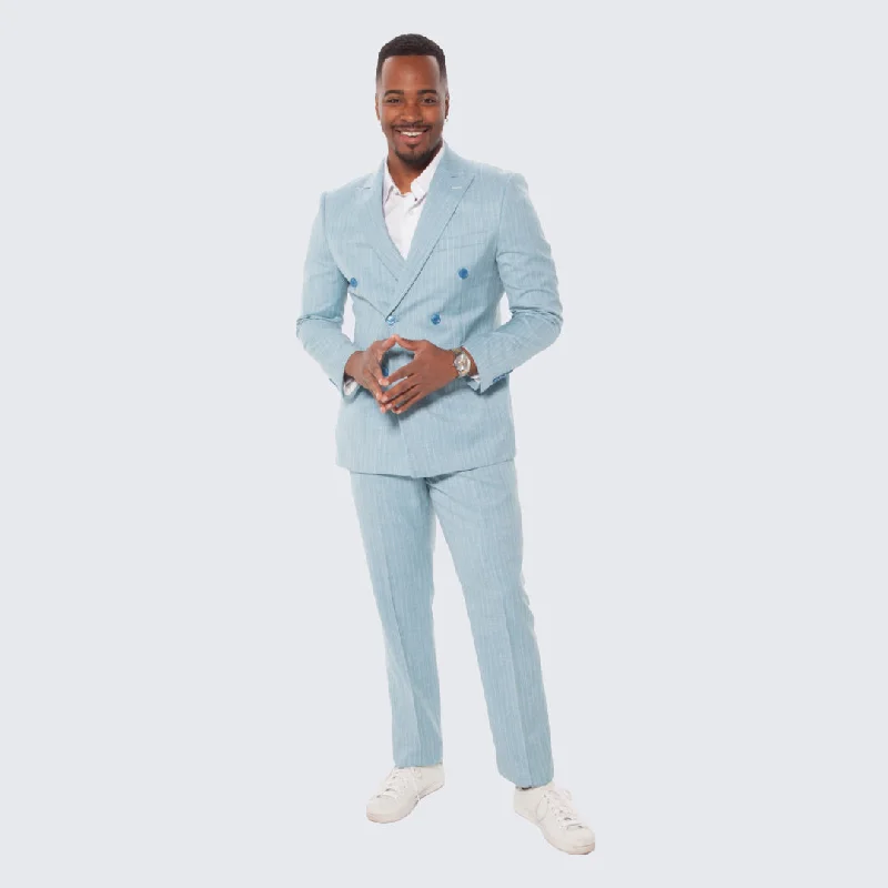 Contemporary Edge Sporty Wear Teal Pinstripe Suit Double Breasted Wide Peak Lapel - Wedding - Prom Contemporary Edge Sporty Wear Teal Pinstripe Suit Double Breasted Wide Peak Lapel - Wedding - Prom