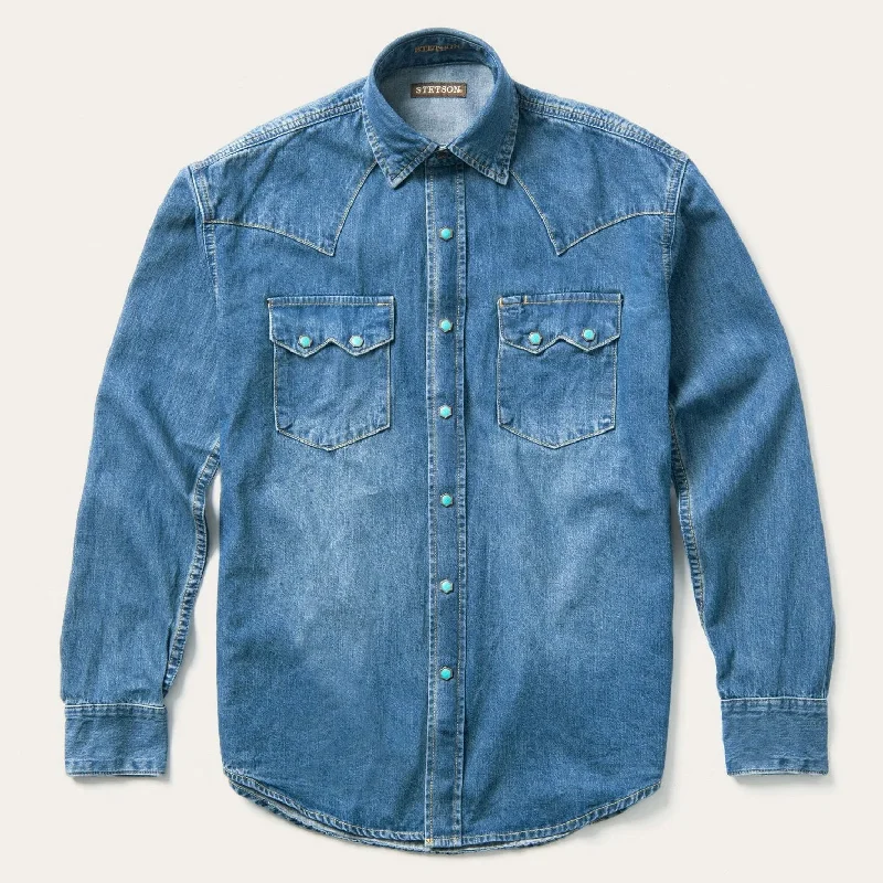 Effortless Minimal Casual Outerwear Turquoise Snap Western Denim Shirt