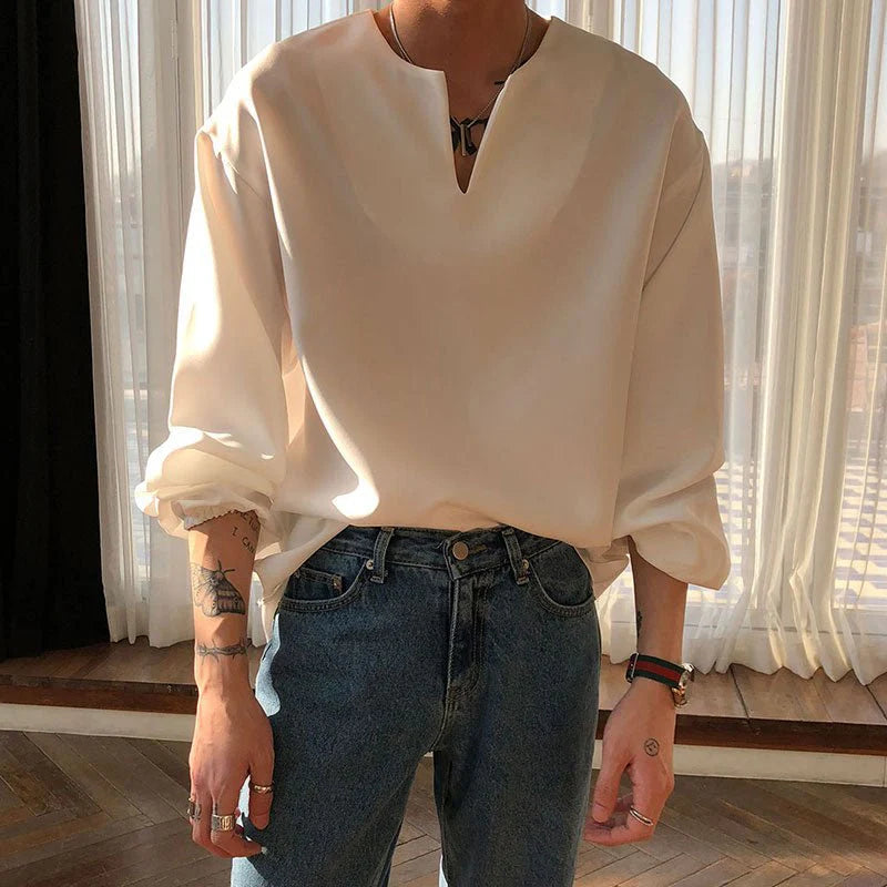 Monochrome Luxe Modern Clothing V Neck Cuff Details Long Sleeve Korean Shirt