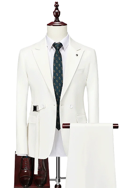 Vintage Luxe Casual Trousers White 2-Button Flexible Waistband Modern Fit Suit