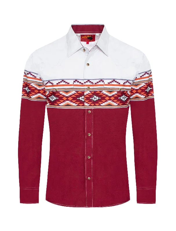 Retro Monochrome Fashion Jeans White & Red Solid Tribal Print Long Sleeve Shirt