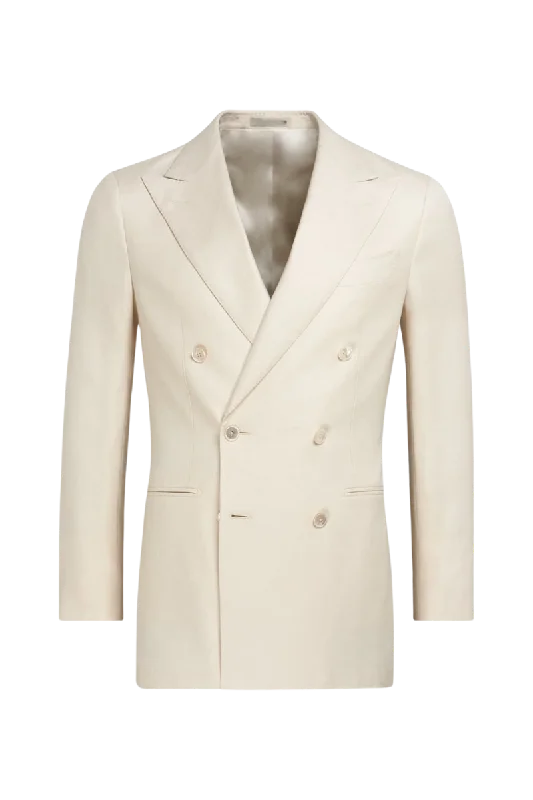 Casual Rugged Classic Styles White Silk Cotton Peak Lapel Double Breasted Jacket
