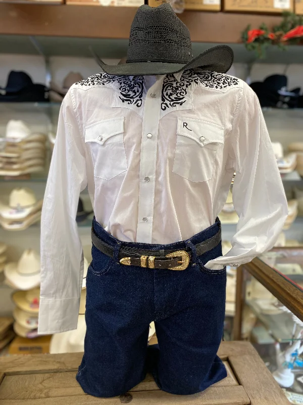 Chic Polished Timeless Wardrobe White w/ Black Embroidered Yoke Men's Western Shirt