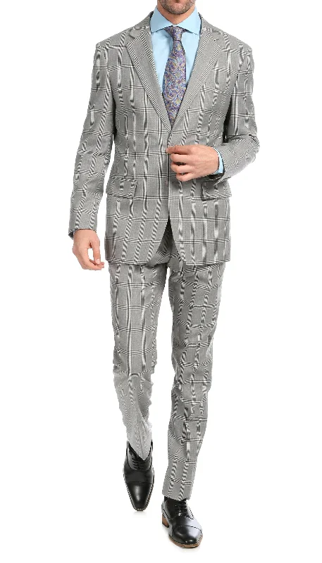 Minimal Rugged Outdoor Apparel Yves Light Grey Plaid Check Men's Premium 2 Piece Wool Slim Fit Suit Minimal Rugged Outdoor Apparel Yves Light Grey Plaid Check Men's Premium 2 Piece Wool Slim Fit Suit