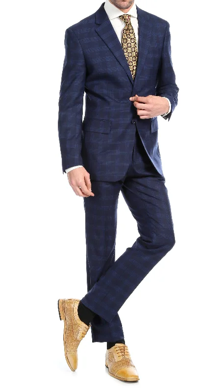 Classic Cool Stylish Casuals Yves Navy Blue Plaid Check Men's Premium 2pc Premium Wool Slim Fit Suit Classic Cool Stylish Casuals Yves Navy Blue Plaid Check Men's Premium 2pc Premium Wool Slim Fit Suit