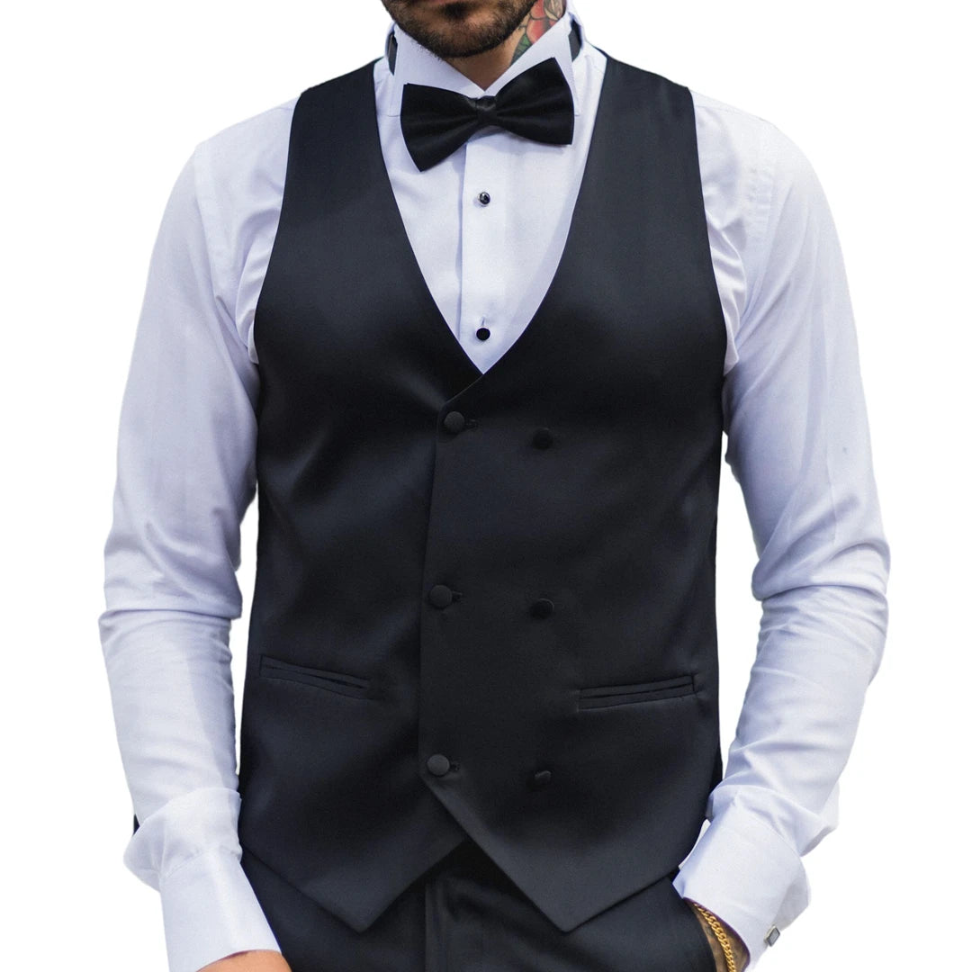 Polished Edge Active Styles Men's Black Satin Double Breasted Waistcoat Black Tie Dinner Vest