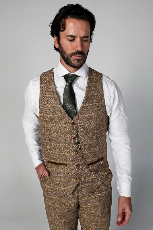 Monochrome Chic Classic Styles Harris - Men's Brown Tweed Check Waistcoat