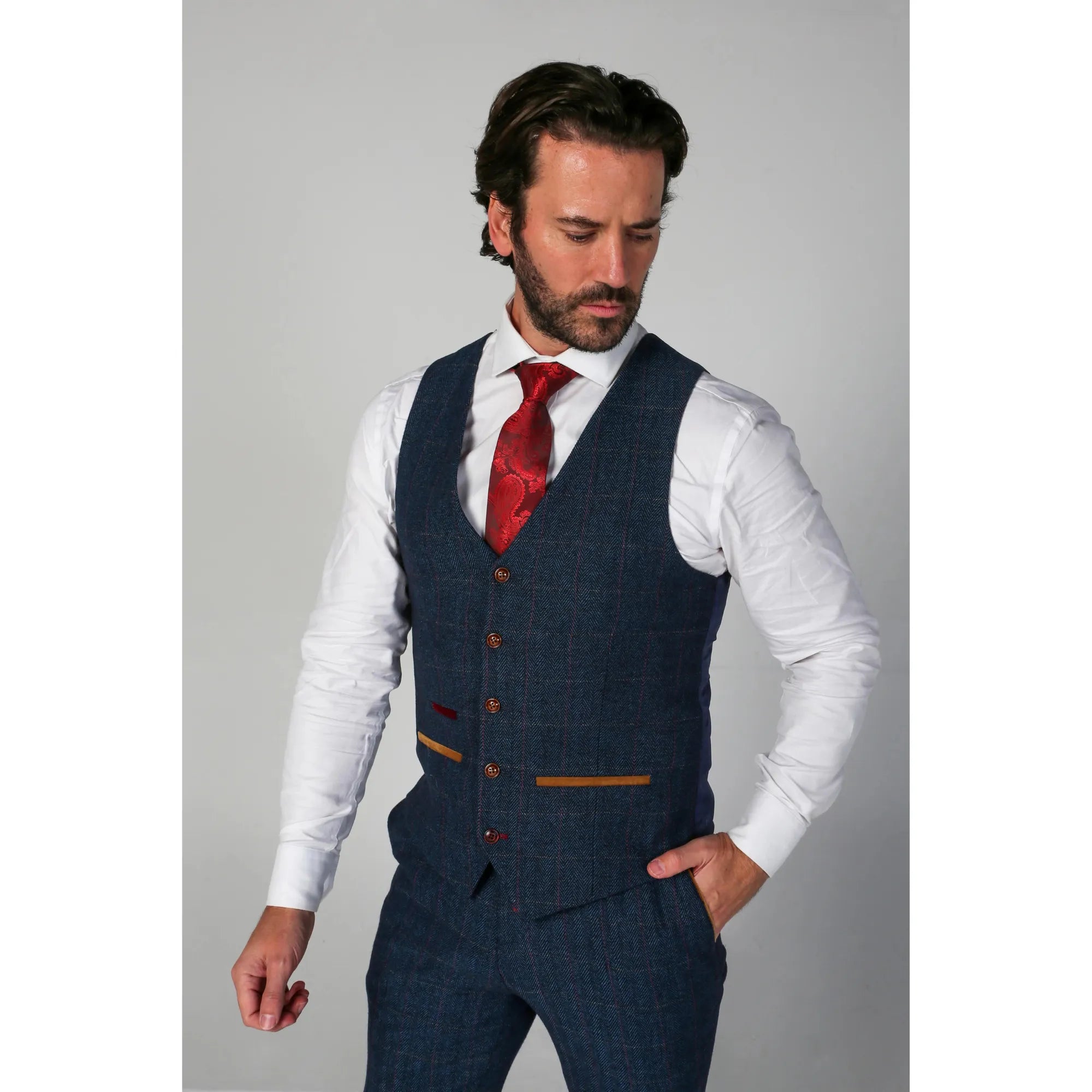 Retro Street Versatile Wear Scott - Men's Blue Tweed Checked Waistcoat